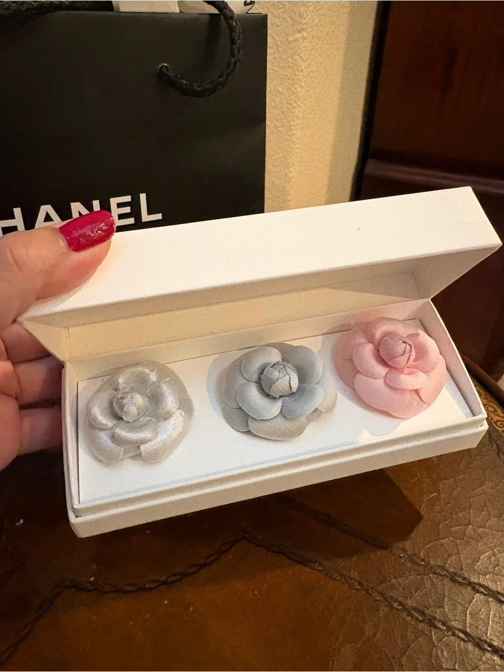 Auth CHANEL Camellia Fabric Mini Pins in Silver & Pink Set of 3 and Shopping Bag